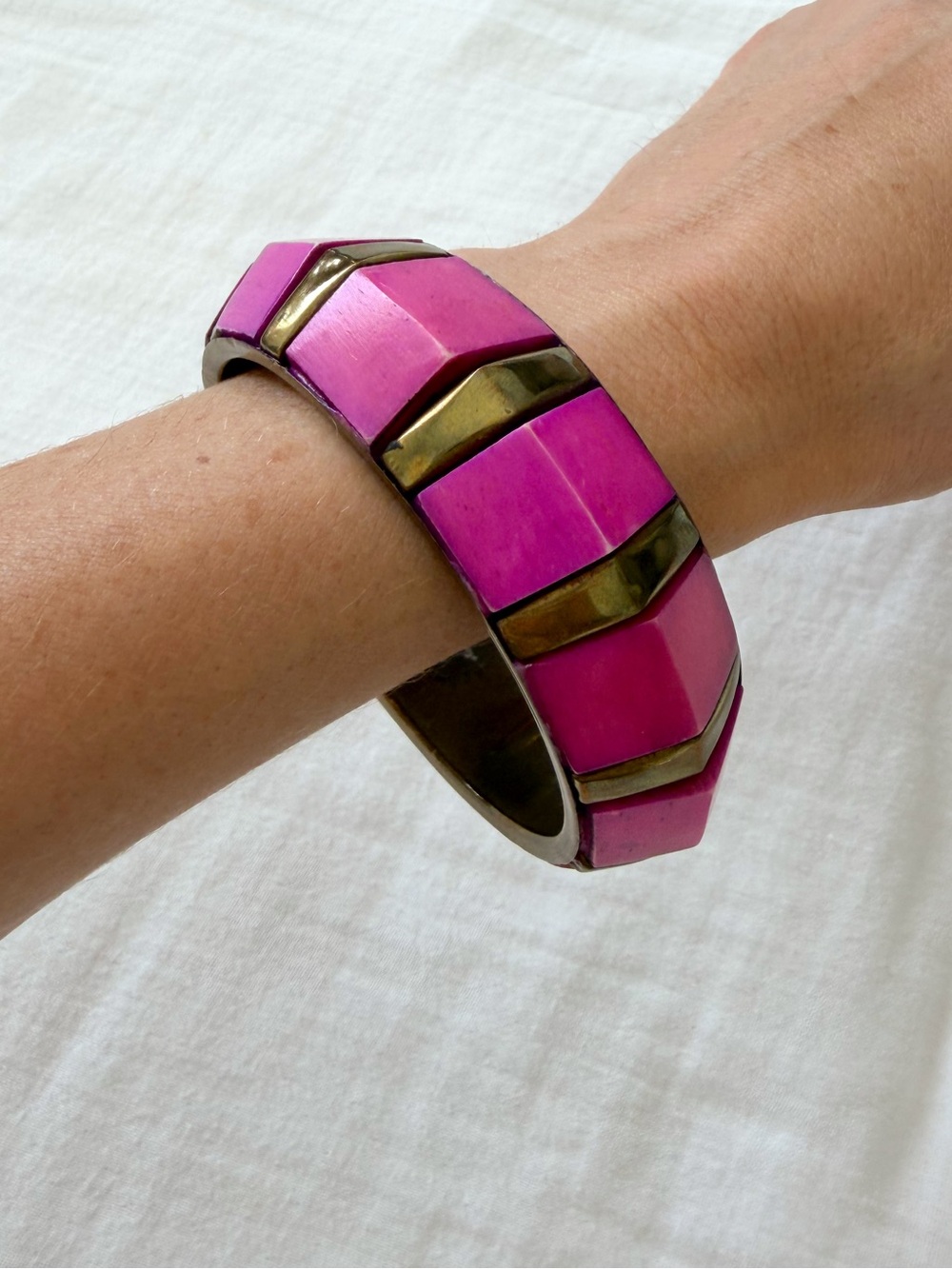 Vintage Brass & Pink Geometric Boho Bangle Bracelet